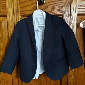 Toddler navy suit set, blazer, dress pants, and dress shirt bundle